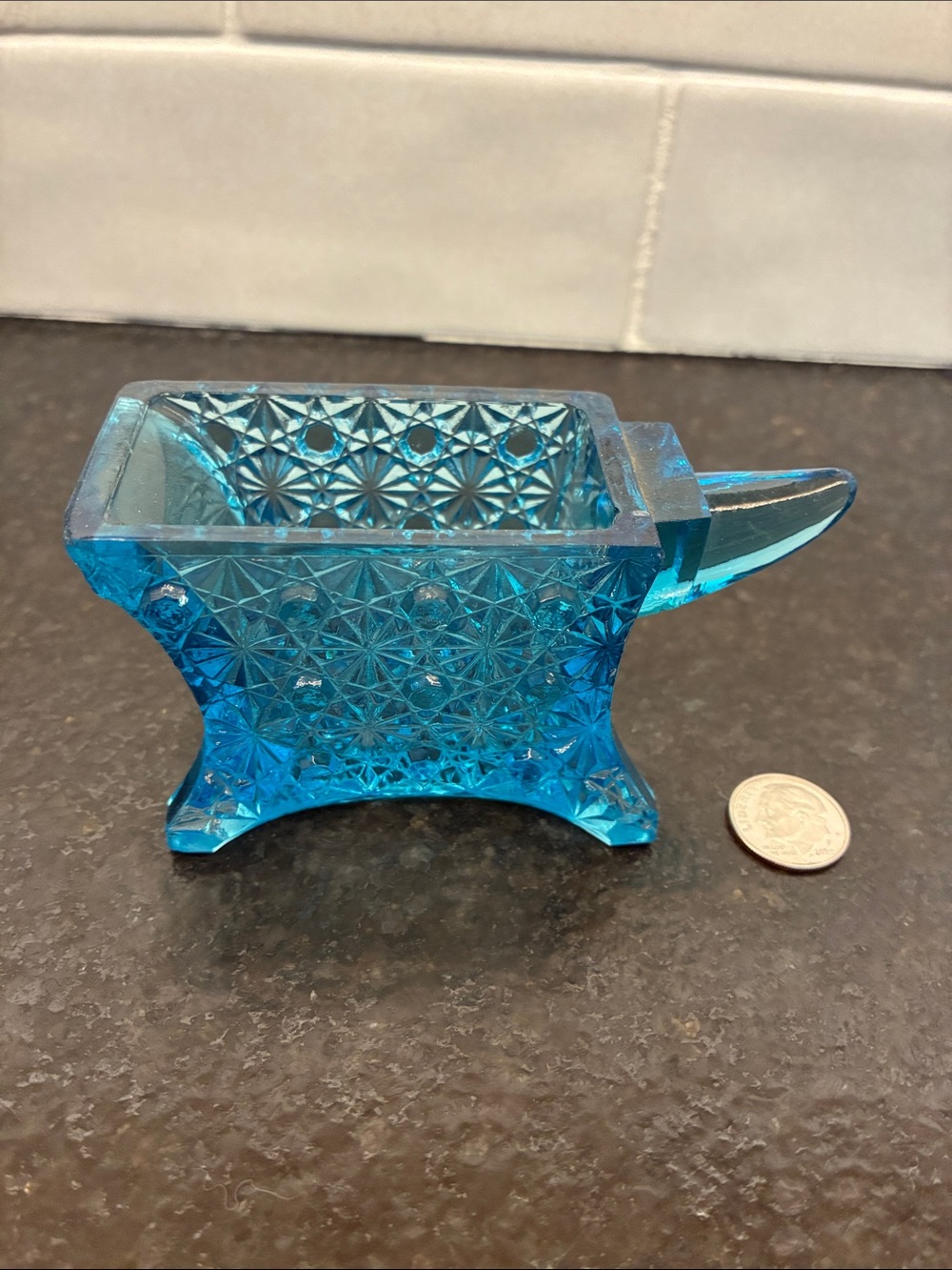 Blue Pressed Glass Toothpick Holder Anvil
